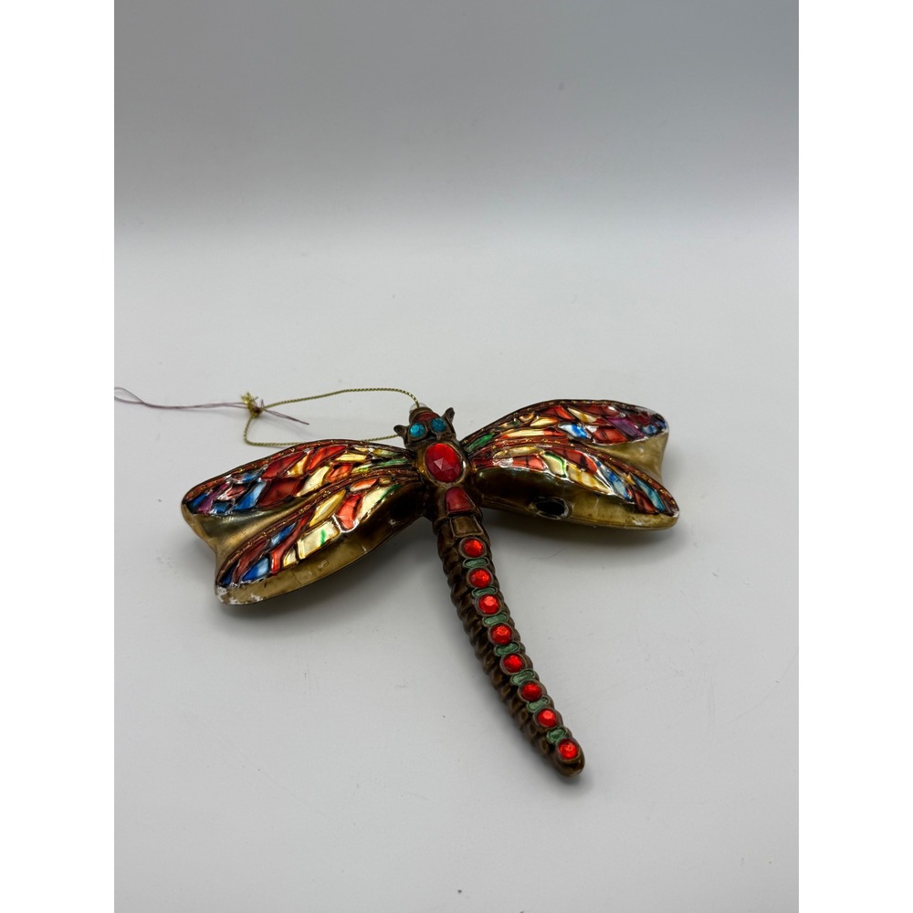 Dragonfly Hanging Ornament Stained Glass Look Beaded Faux Jewel Bronze Tone